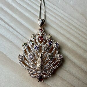 VTG Peacock Pendant Gold Plated Multi Lab Created Gems Sterling Italy Chain‎ 15"